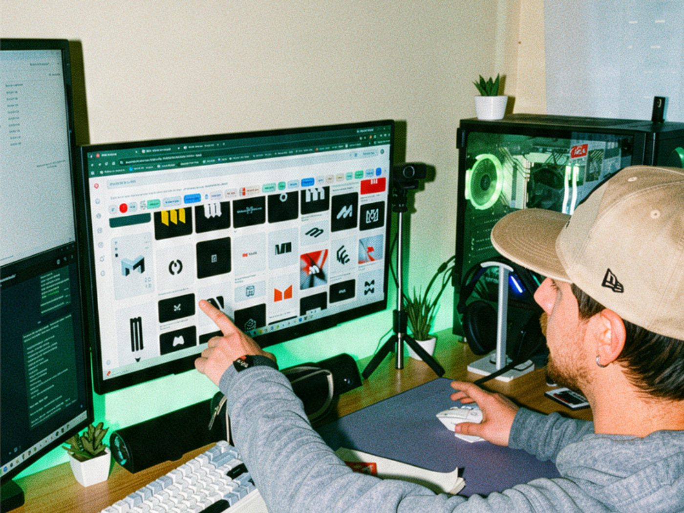 Julián revisando en pantalla una grilla de logotipos diseñados